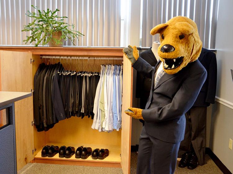 The Nittany Lion shows off the Penn State Altoona Career Closet